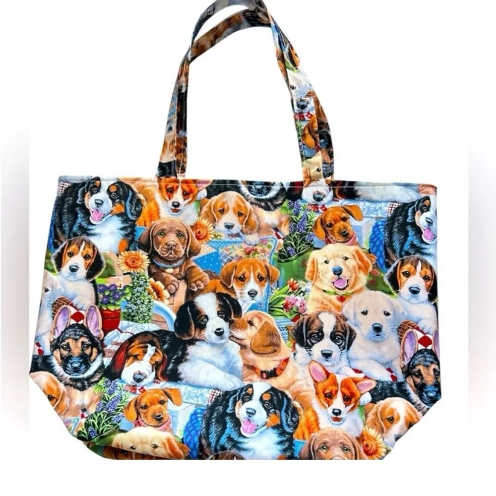 Hand Crafted Colorful Dog Print Tote Bag All Purpose Carry Shoulder Purse